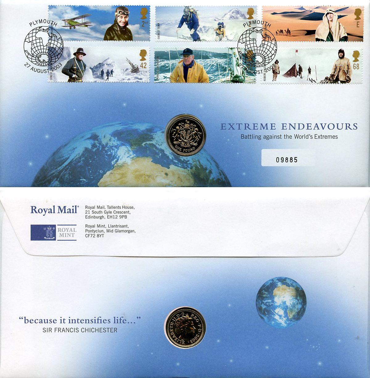 Великобритания 1 фунт 2003 Елизавета II (1952-2022), в оригинальном конверте, с марками, первый день гашения KM 993, Spink J13 медно-никель BU 4-3-8-57