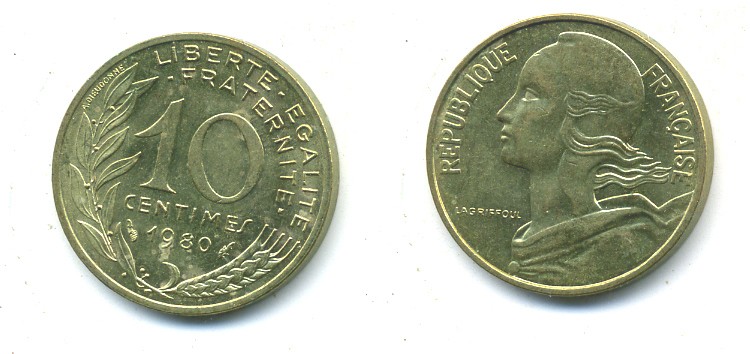 ФРАНЦИЯ 10 САНТИМОВ 1980 ТИП MARIANNE КМ 929, LE FRANC 144.20 алюминиевая бронза 84-1627