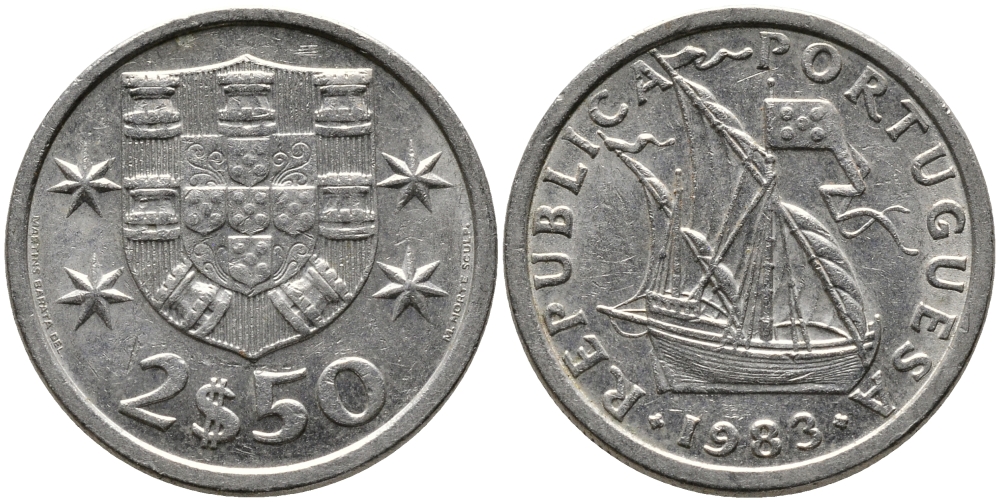 Португалия 2,5 эскудо 1983 парусник KM 590 медно-никель 99-1163