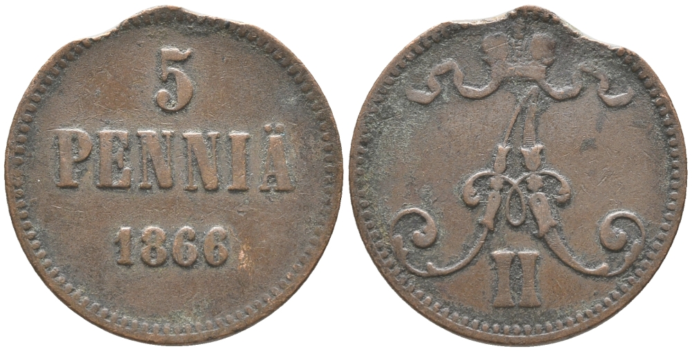 РОССИЯ ДЛЯ ФИНЛЯНДИИ 5 ПЕННИ 1866 АЛЕКСАНДР II KM 4.1 медь 28-1255