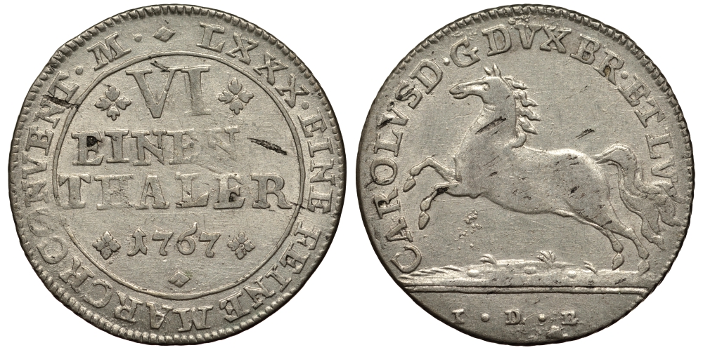 Брауншвейг-Вольфенбюттель 1/6 талера 1767 IDB, вес 5,05 гр. КМ 971 серебро 413-1432