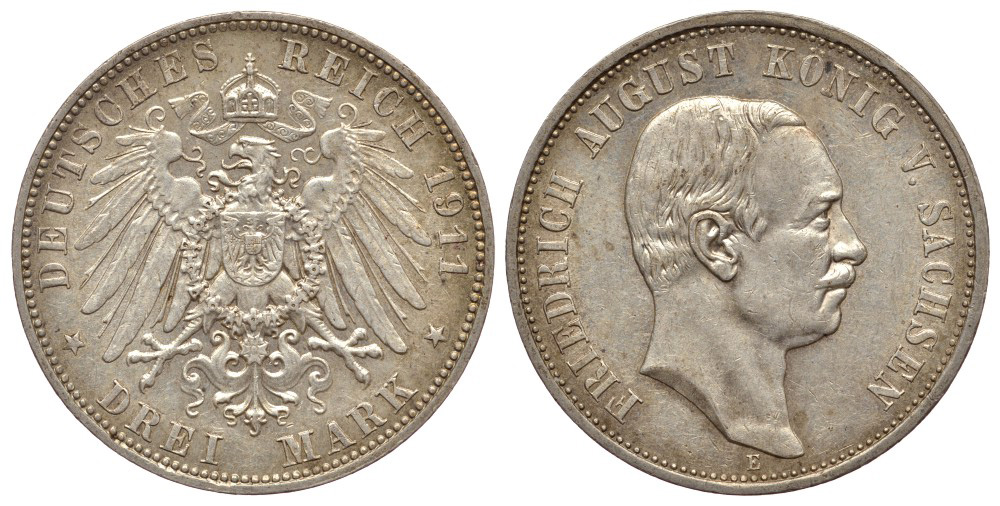 Саксония 3 марки 1911 E, Фридрих Август III (1904-1918) Weege 132, J. 135, KM 1267 серебро 413-5114