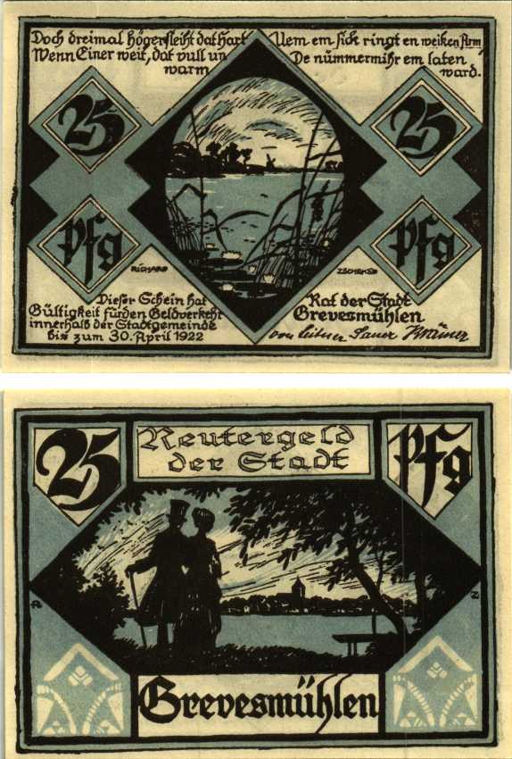 ГРЕВЕСМЮЛЕН 25 ПФЕННИГОВ 1922 НОТГЕЛЬД, 1922 - 30 АПРЕЛЯ 1922, ЗЕМЛЯ МЕКЛЕНБУРГ-ПЕРЕДНЯЯ ПОМЕРАНИЯ Grabowski 473.2 бумага 7548-117-1-2