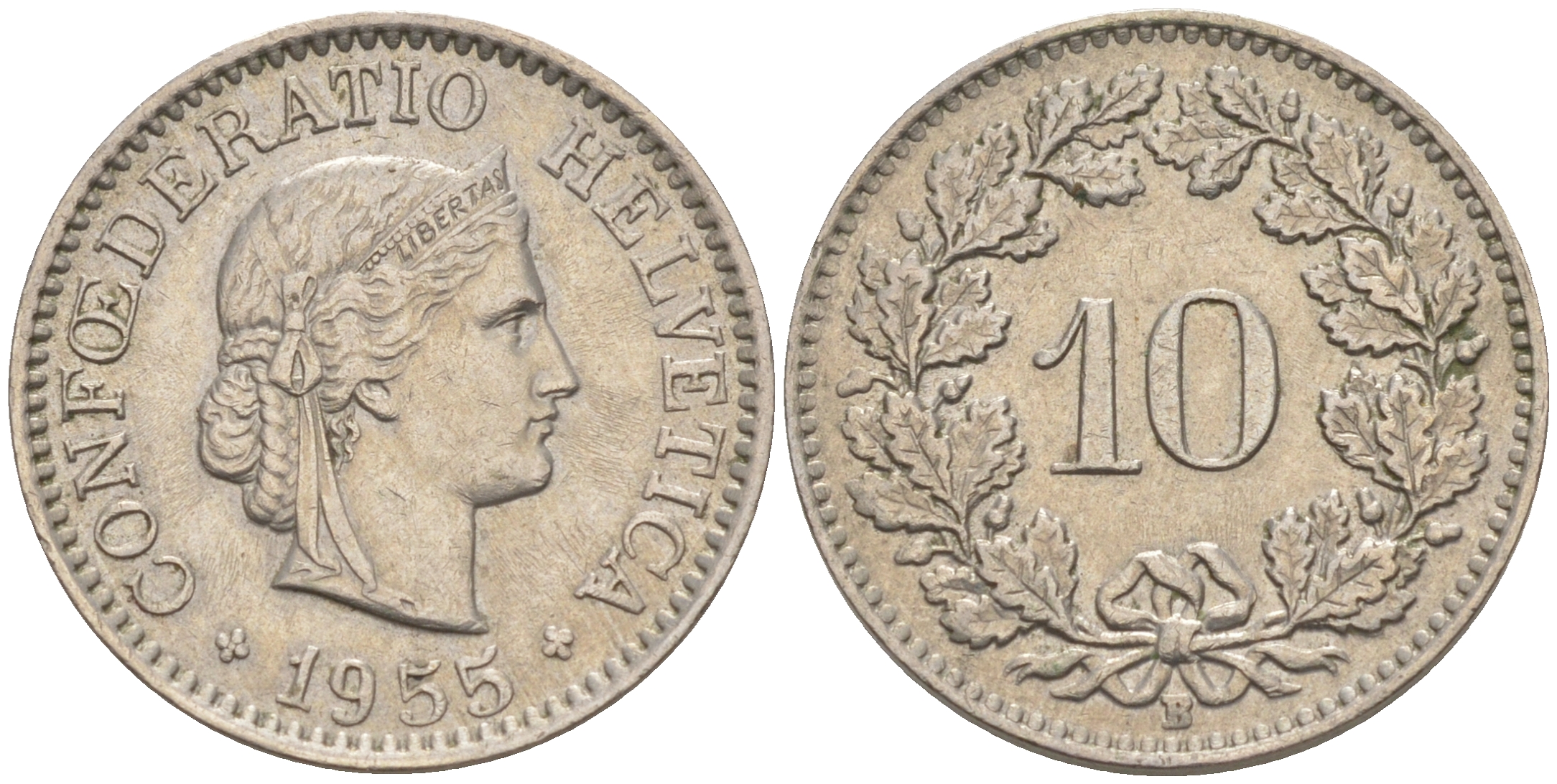 Швейцария 10 раппенов 1955 В KM 27 медно-никель 188-733