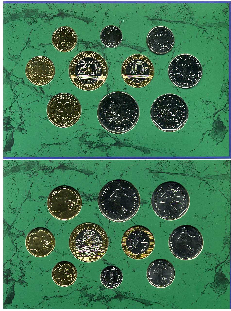 Франция официальный набор из 10 монет 1998 в оригинальном буклете KM MS14   UNC  00-00