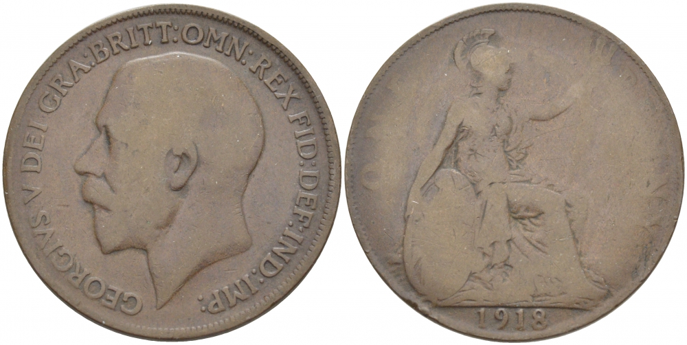 Великобритания 1 пенни 1918 Георг V (1910-1936) KM 810, Spink 4051 бронза 3996-241