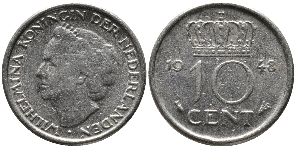 Нидерланды 10 центов 1948 Вильгельмина (1895-1948) KM 177 никель 3458-243