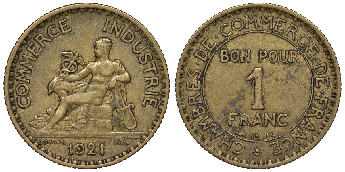 Франция 1 франк 1921 тип Chambres de Commerce KM 876, Le Franc 218.3 алюминиевая бронза 4128-251