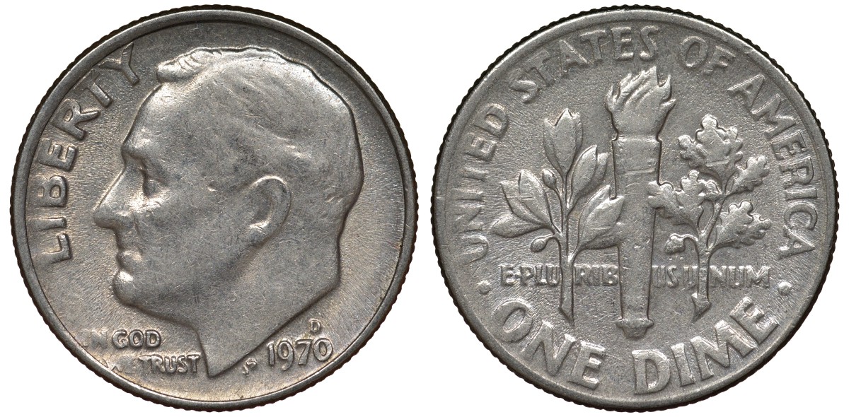 США 10 центов = дайм 1970 D, Рузвельт KM 195а медь плакированная медно-никелем 4124-442