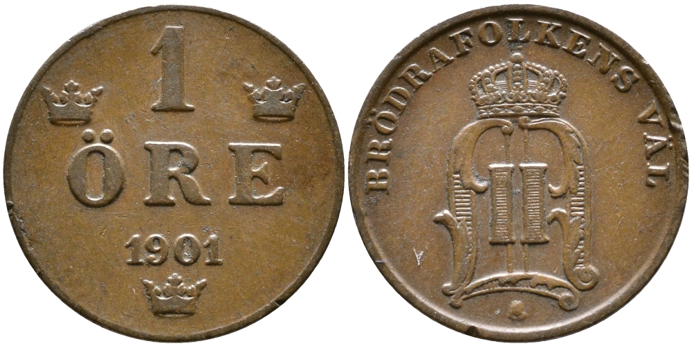 Швеция 1 эре 1901 Оскар II (1872-1907) король Швеции и Норвегии KM 750 бронза 176-865