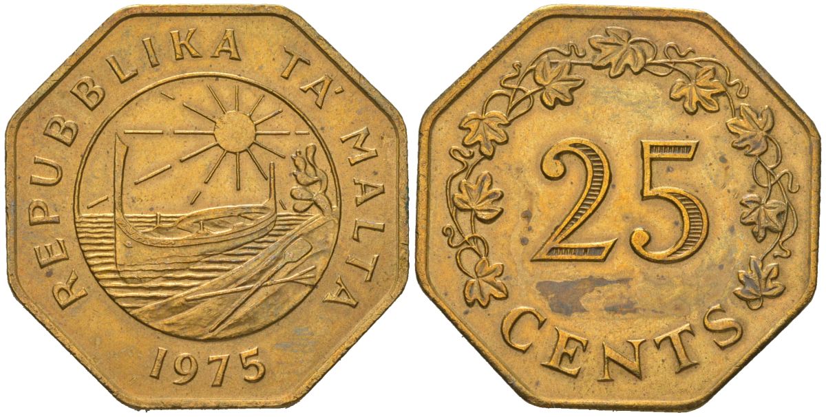 Мальта 25 центов 1975 KM 29 латунь aUNC 77-315