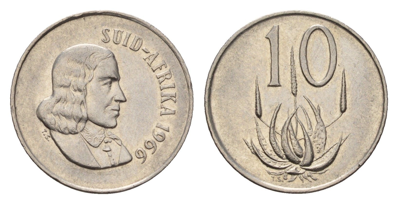 ЮАР 10 центов 1966 Ян ван Рибек (1619-1677), Suid Africa, легенда на африкаанс, цветок алоэ KM 68.2 никель 4687-335