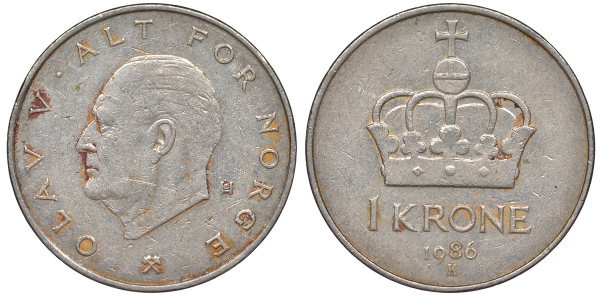 Норвегия 1 крона 1986 Олаф V KM 419 медно-никель 25-2222