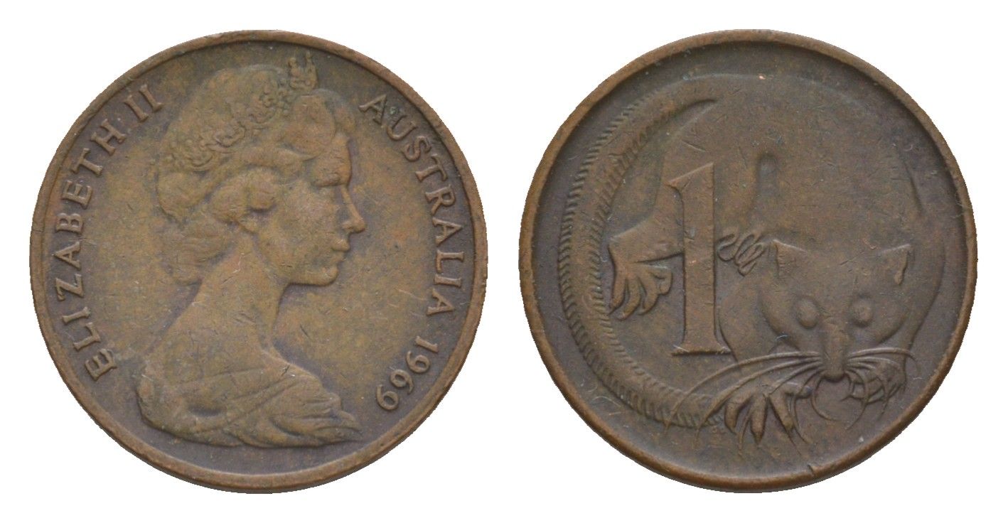 Австралия 1 цент 1969 Елизавета II (1952-2022), молодой портрет, опоссум KM 62 бронза 4655-1167