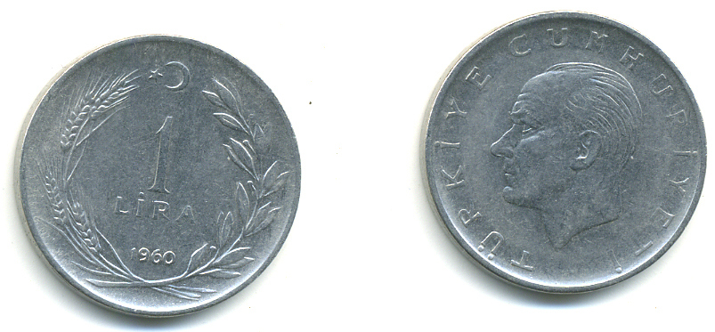 Турция 1 лира 1960 Мустафа Кемаль Ататюрк KM 889а.1 нержавеющая сталь 93-532
