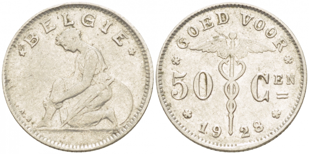 БЕЛЬГИЯ 50 САНТИМОВ 1928 BELGIE KM 88 никель 261-1164