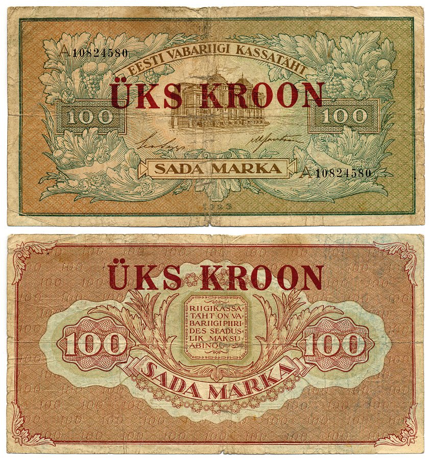 Эстония 1 крона 1923 (1928) надпечатка на 100 марках 1923 Pick 61 a  бумага   451-582-1
