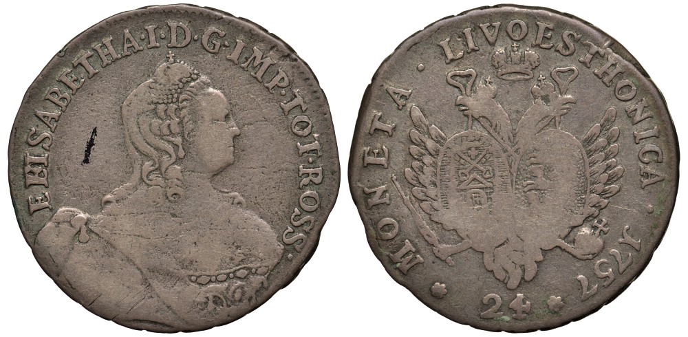 Россия для Пруссии, ливонез 24 копейки 1757 гурт узорчатый, из коллекции Л. Содермана с оригинальной биркой Биткин 636 серебро 00-000-00