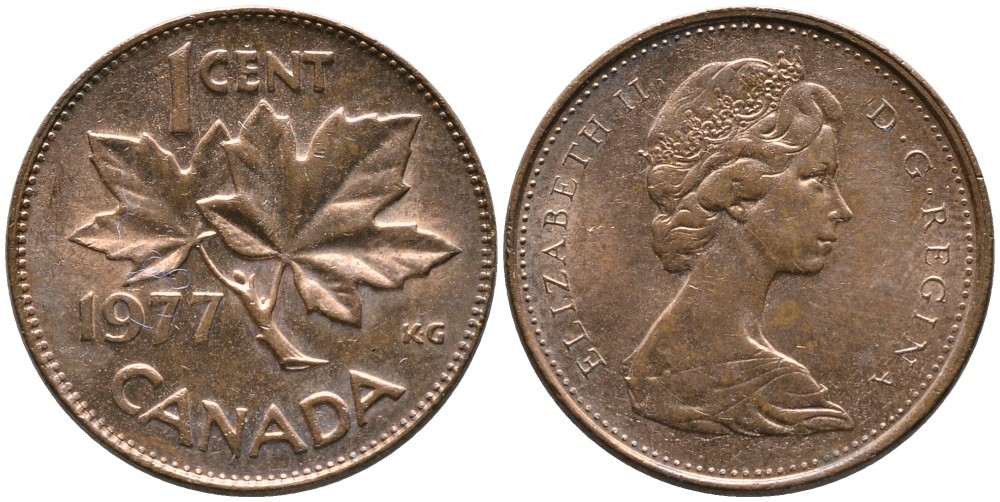 Канада 1 цент 1977 Елизавета II (1952-2022), кленовый лист KM 59.1 бронза 4528-743