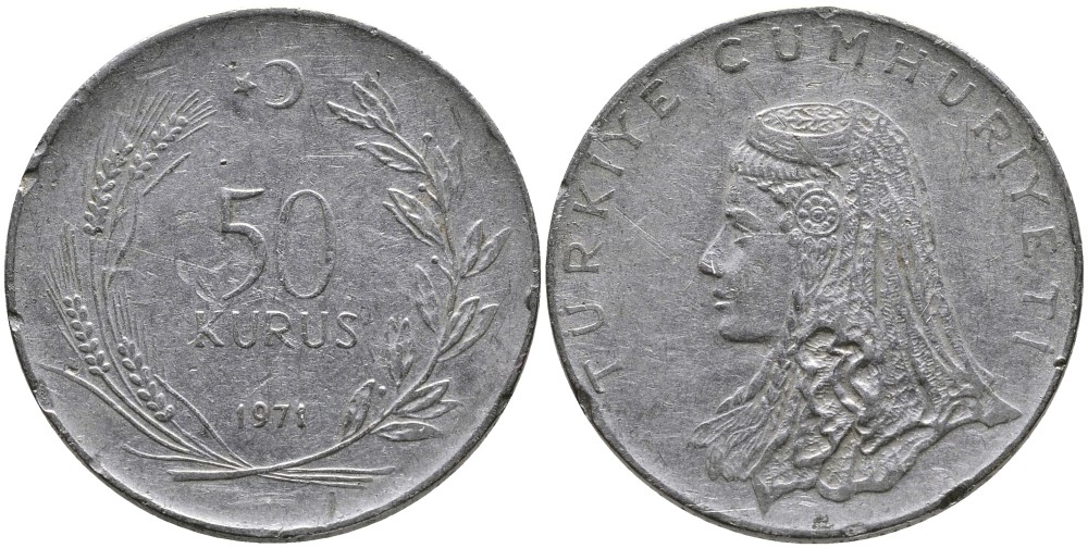 Турция 50 курушей 1971 Анатолийская невеста KM 899 нержавеющая сталь 4541-655