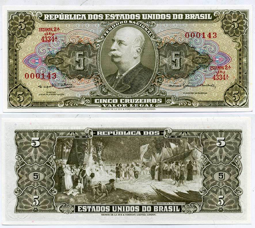 БРАЗИЛИЯ 5 КРУЗЕЙРО 1964 ВЫПУСК 2А, БАРАО ДО РИО БРАНКО, СЕРИЯ 4334А Pick 176d бумага UNC (ПРЕСС) 7551-21-4-2