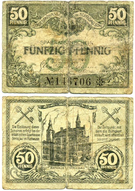 СТРИГАУ 50 ПФЕННИГОВ 1920 НОТГЕЛЬД, 16 ИЮНЯ 1920 Грабовски S 124.5b бумага 7551-31-4-1