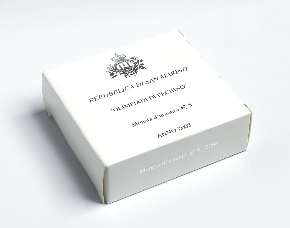 Сан-Марино 5 евро 2008 Олимпиада в Пекине, танец с лентами, в коробке с сертификатом KM 513 серебро PROOF 2-5-2-11