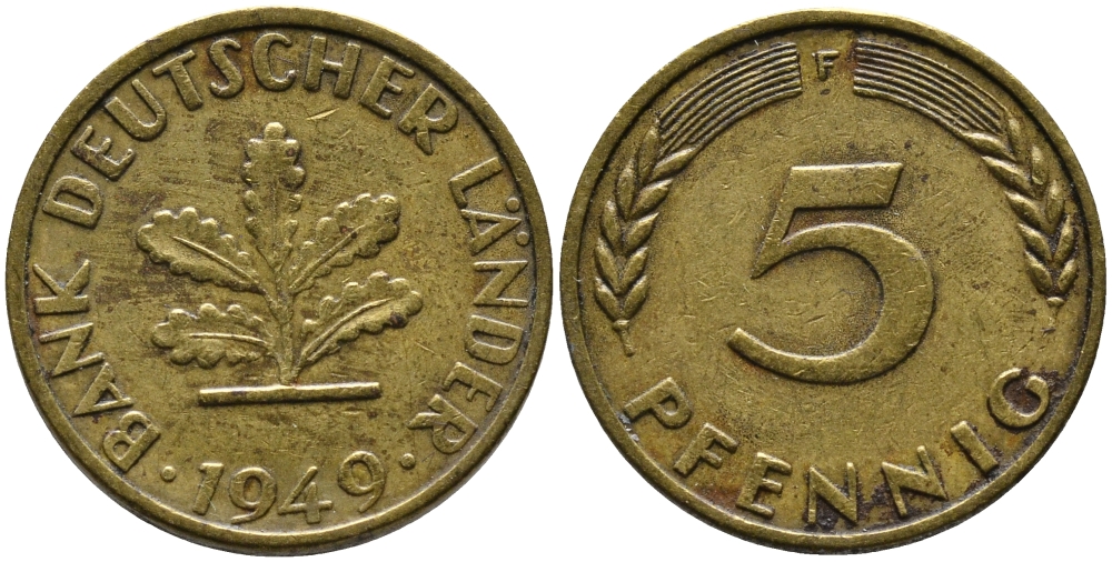 ФРГ 5 ПФЕННИГОВ 1949 F KM 102, J. 377 сталь плакированная латунью 4178-243