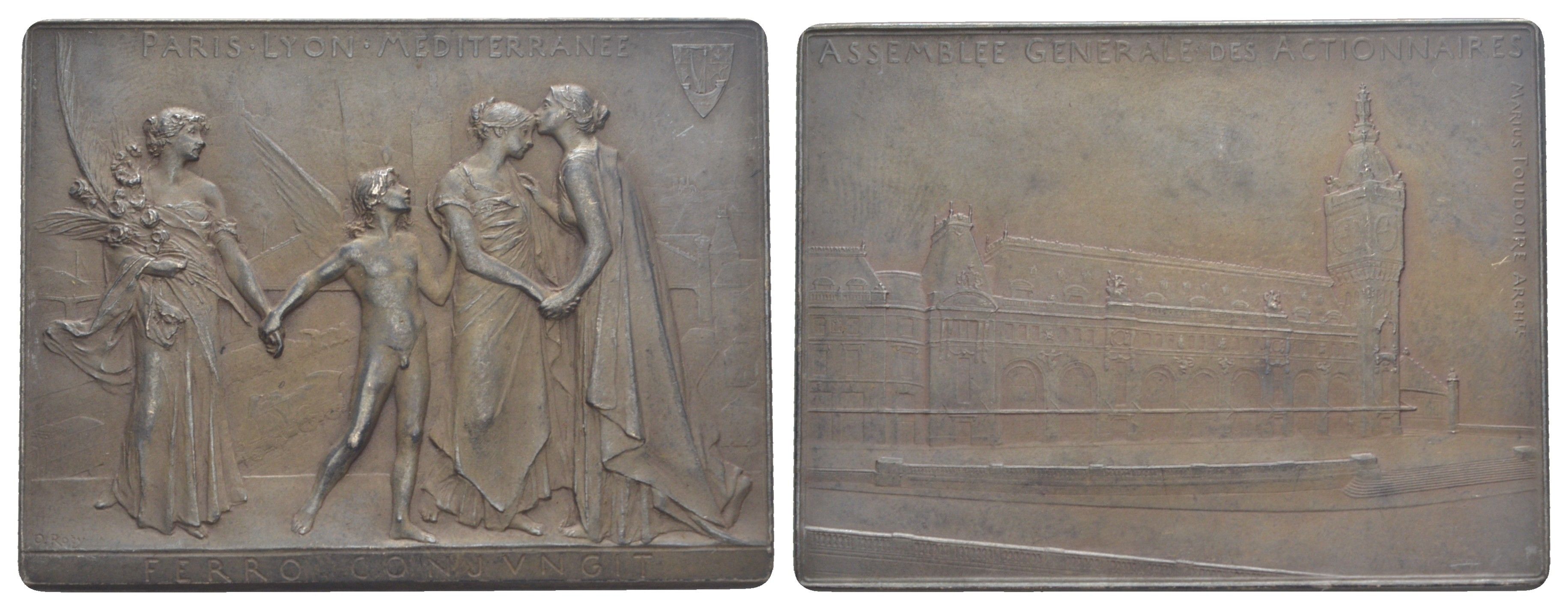 Франция плакетка железнодорожной компании "P.L.M. - Chemins de fer de Paris ? Lyon et ? la M?diterran?e" ND В оригинальной коробке, Париж на заднем плане с железнодорожным вокзалом, Пантеон и собор Парижской Богоматери 3-5-3-15