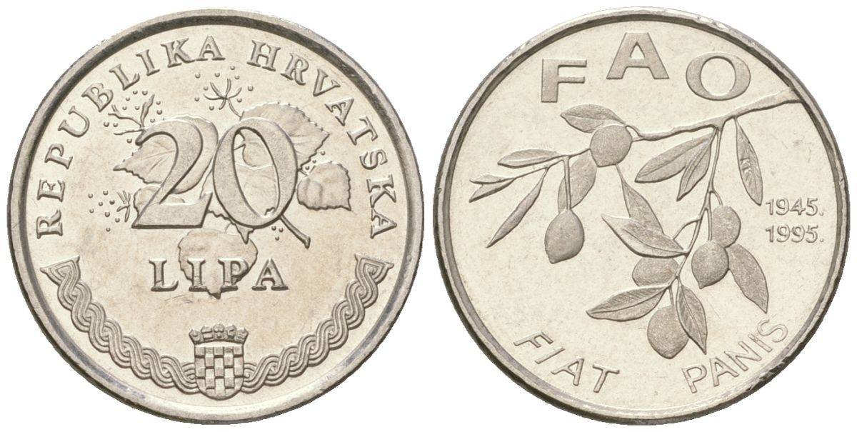 Хорватия 20 лип 1995 50 лет ФАО KM 18 сталь плакированная никелем  UNC  105-926