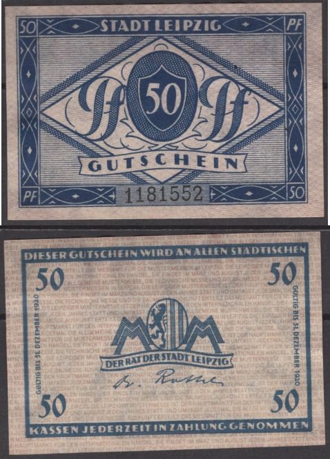 Лейпциг 50 пфеннигов 1920 Grabowski L31.5b бумага 8601-9-2-1