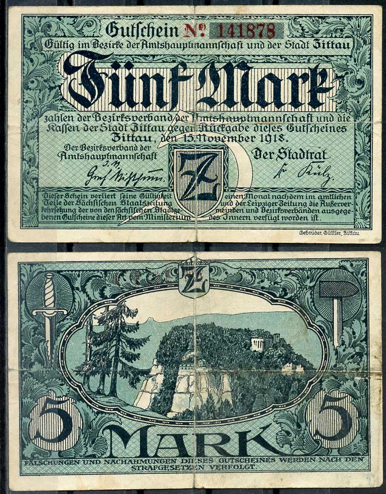 Германия, Циттау 5 марок 1918 нотгельд, 15.11.1918, 6 цифр в номере Geiger 578.01  бумага   444-113-2-2