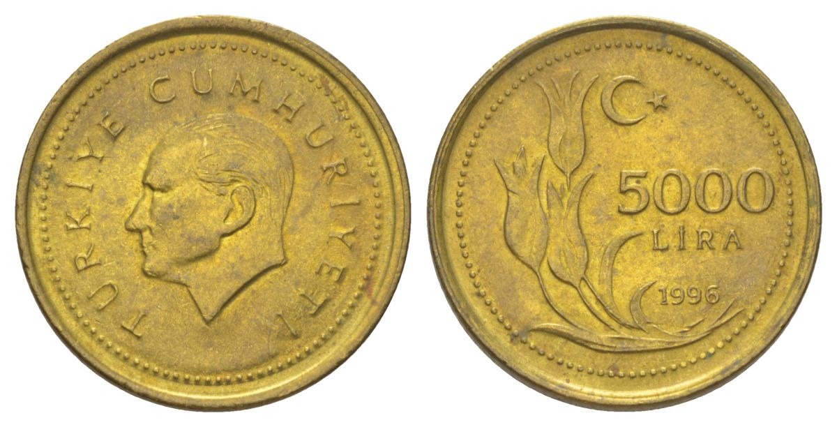 Турция 5000 лир 1995 Мустафа Кемаль Ататюрк KM 1029.1 латунь UNC 4627-955