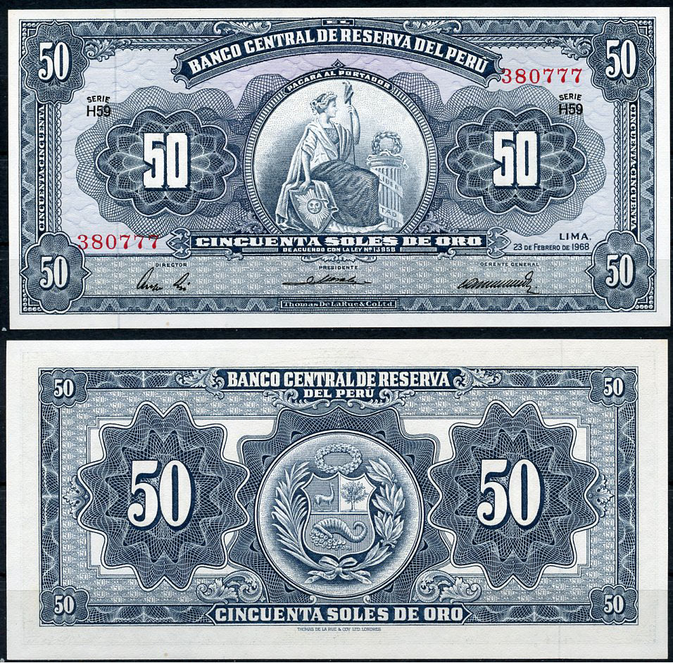 Перу 50 солей 1968 сидящая свобода, Thomas de la Rue, серия H59 Pick 85 a  бумага  UNC (пресс) 451-805-3