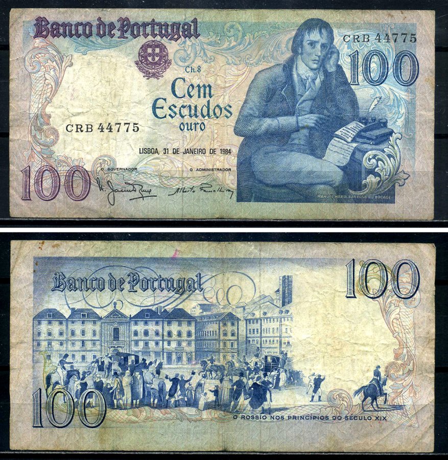 Португалия 100 эскудо 1984 Бокаже Мануэль Мария Барбоза, 31 января 1984, signatures: Manuel Jacinto Nunes & Alberto Jos? dos Santos Ramalheira Pick 178c(7) бумага 8590-10-3-2
