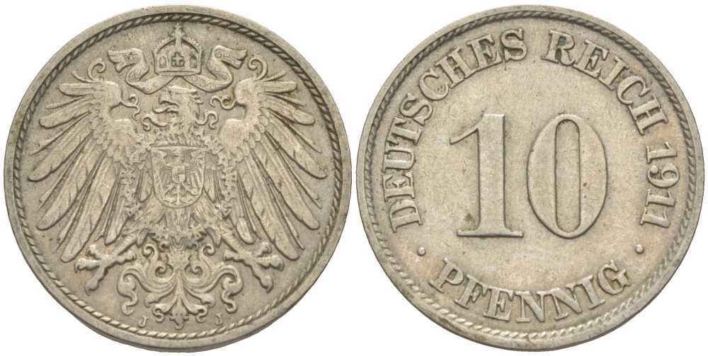 ГЕРМАНИЯ 10 ПФЕННИГОВ 1911 J KM 12, J. 13 медно-никель 31-1133