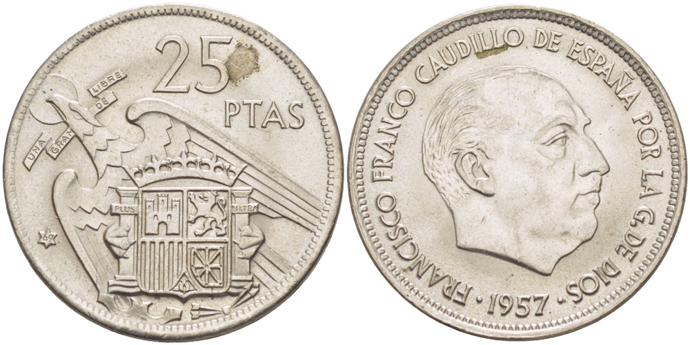 ИСПАНИЯ 25 ПЕСЕТ 1957 (69) ФРАНСИСКО ФРАНКО ДИКТАТОР ИСПАНИИ ( 1939- 1975) KM 787 медно-никель 216-714