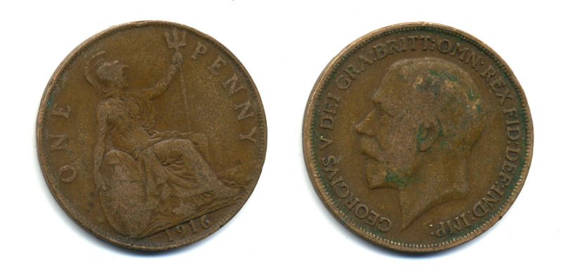 Великобритания 1 пенни 1916 Георг V (1910-1936) КМ 810, Spink 4051 бронза 47-115