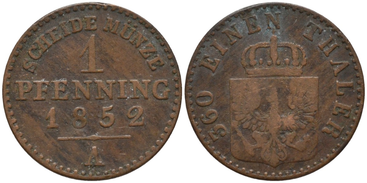 Пруссия 1 пфенниг 1852 A, Фридрих Вильгельм IV (1840-1861) KM 451 медь 4549-1026