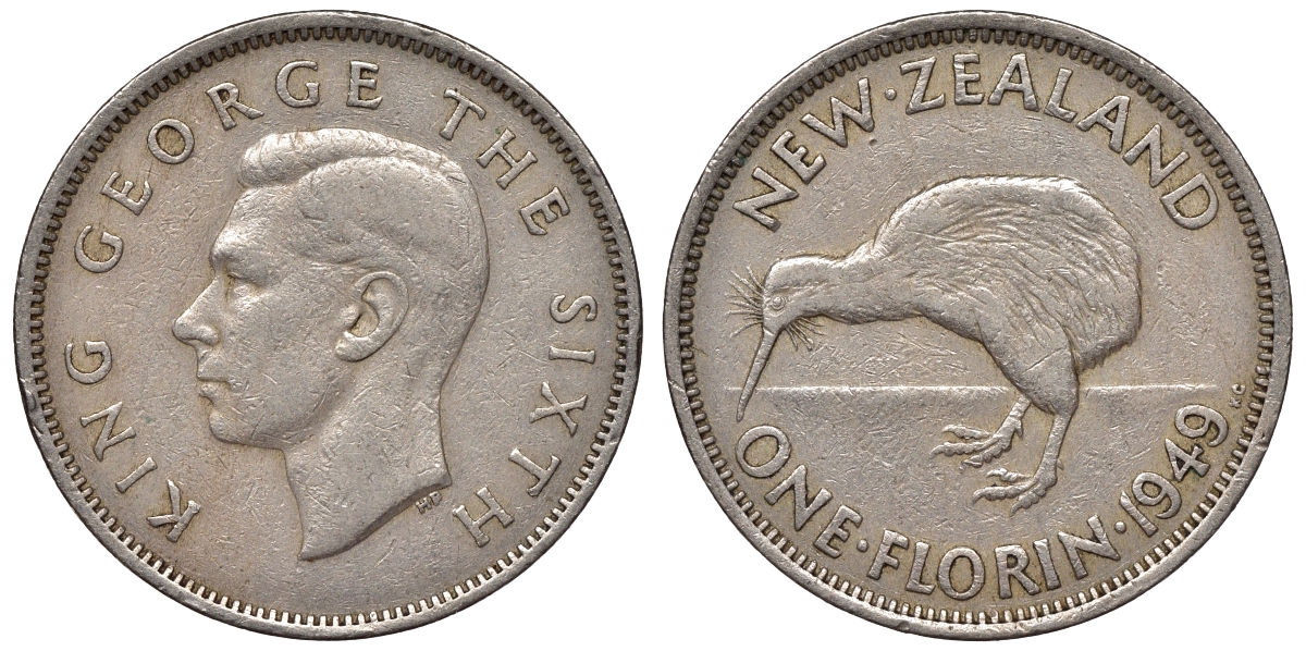 Новая Зеландия 1 флорин 1949 птичка киви, Георг VI KM 18 медно-никель    4117-441
