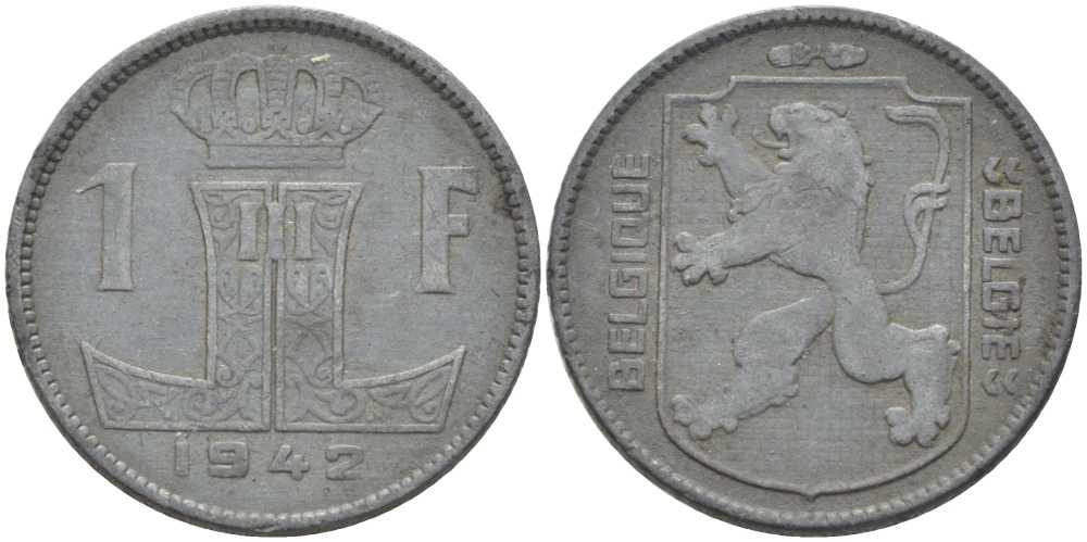 БЕЛЬГИЯ 1 ФРАНК 1942 BELGIQUE-BELGIE, ГЕРМАНСКАЯ ОККУПАЦИЯ, ВТОРАЯ МИРОВАЯ ВОЙНА, ЛЕОПОЛЬД III (1934-1950) KM 127 цинк 119-423