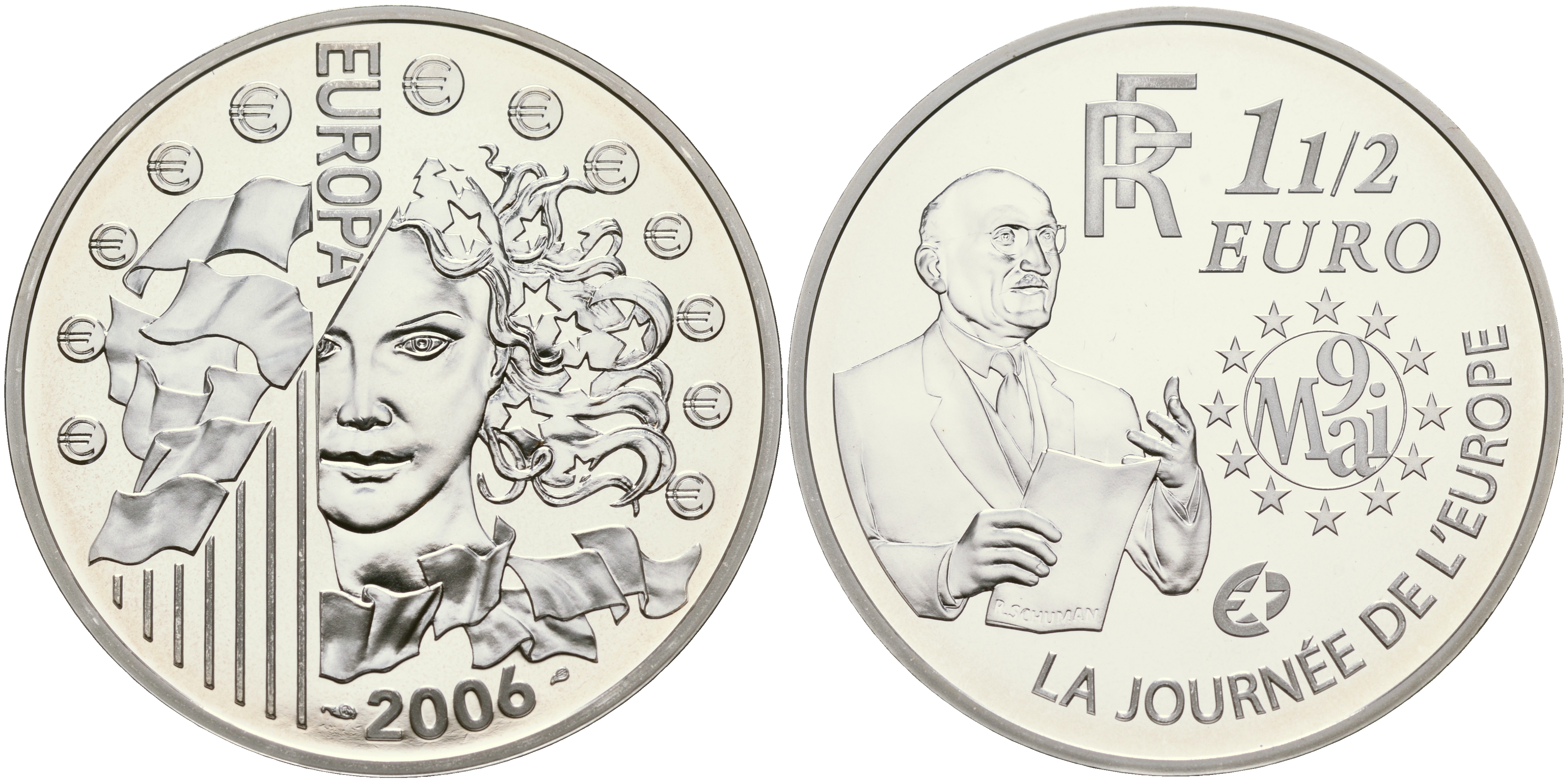 Франция 1 1/2 евро 2006 Декларация Шумана, день Европы 9 мая 1950 года KM 2037 серебро PROOF 01-165-21