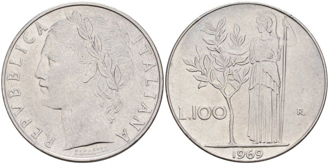 Италия 100 лир 1969 R, АФИНА В ДОСПЕХАХ KM 96.1 нержавеющая сталь 4572-332