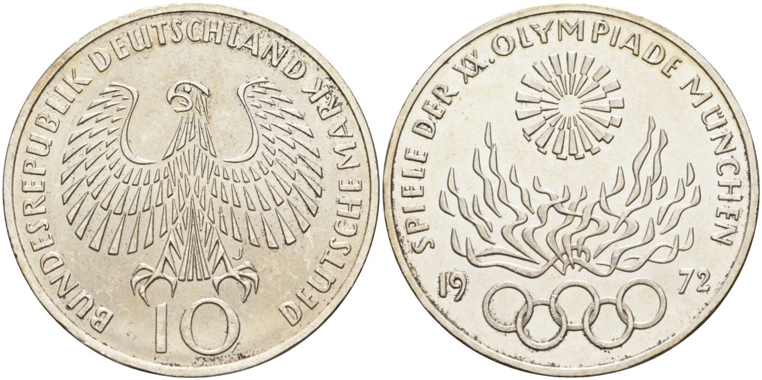 ФРГ 10 марок 1972 J, XX летние Олимпийские игры 1972 года в Мюнхене, олимпийский огонь KM 135, J.405 серебро UNC 4558-223