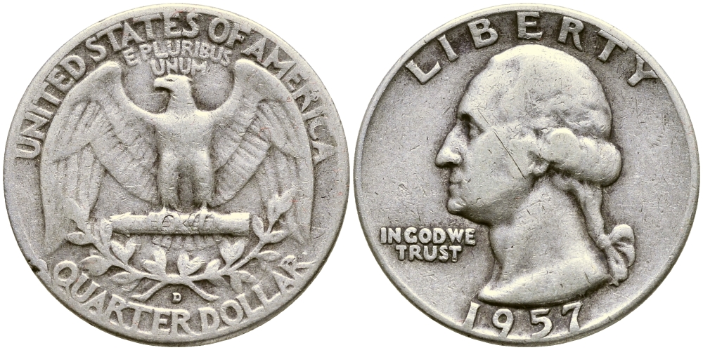 США 25 центов = квотер 1957 D, Вашингтон KM 164 серебро 4388-413