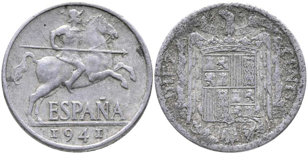 ИСПАНИЯ 10 СЕНТИМО 1941 РЫЦАРЬ НА КОНЕ KM 766 алюминий 110-916