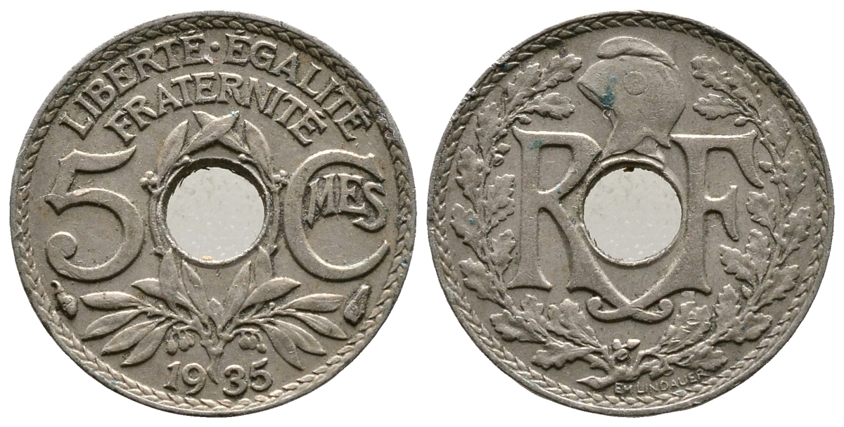 ФРАНЦИЯ 5 САНТИМОВ 1935 ТИП ЛИНДАЙЁ KM 875 медно-никель 4364-1221