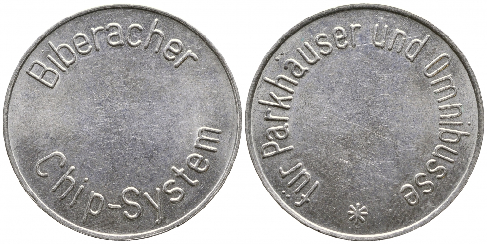 ГЕРМАНИЯ ПАРКОВОЧНЫЙ ЖЕТОН ND BIBERACHER, CHIP-SYSTEM, FUR PARKHAUSER UND OMNIBUSSE медно-никель UNC 4386-511