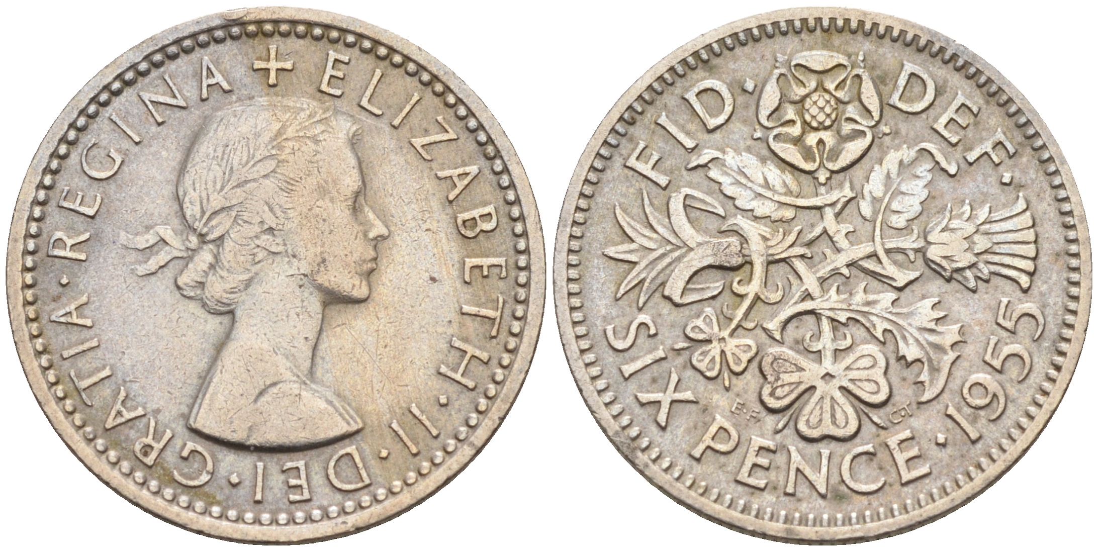 Великобритания 6 пенсов 1955 Елизавета II (1952-2022) KM 903, Spink 4149 медно-никель 4588-524