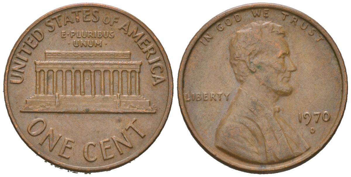 США 1 цент 1970 D, Авраам Линкольн KM 201 медь цинк 220-858